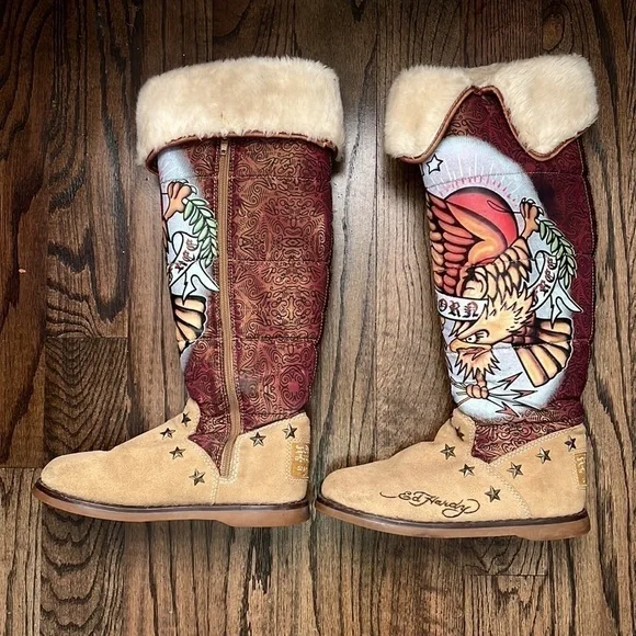 Ed Hardy Born Free Winter Boots Women's Size 5 American Eagle Fur Lined